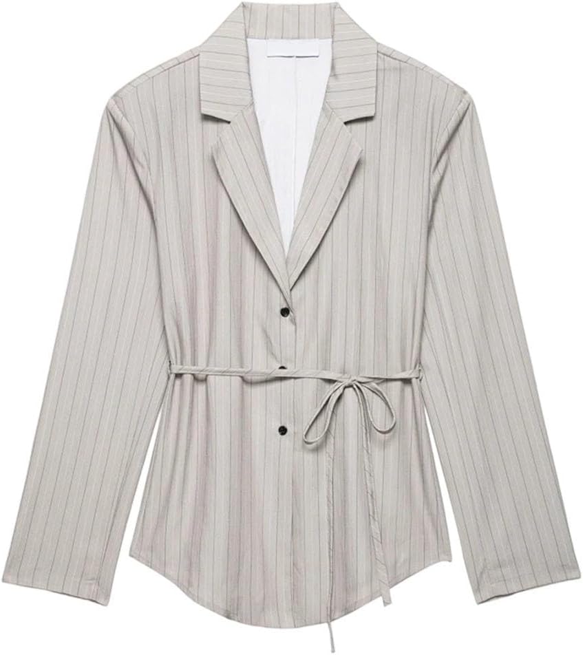 Women's Long-Sleeved Lapel Striped Lace-Up Top