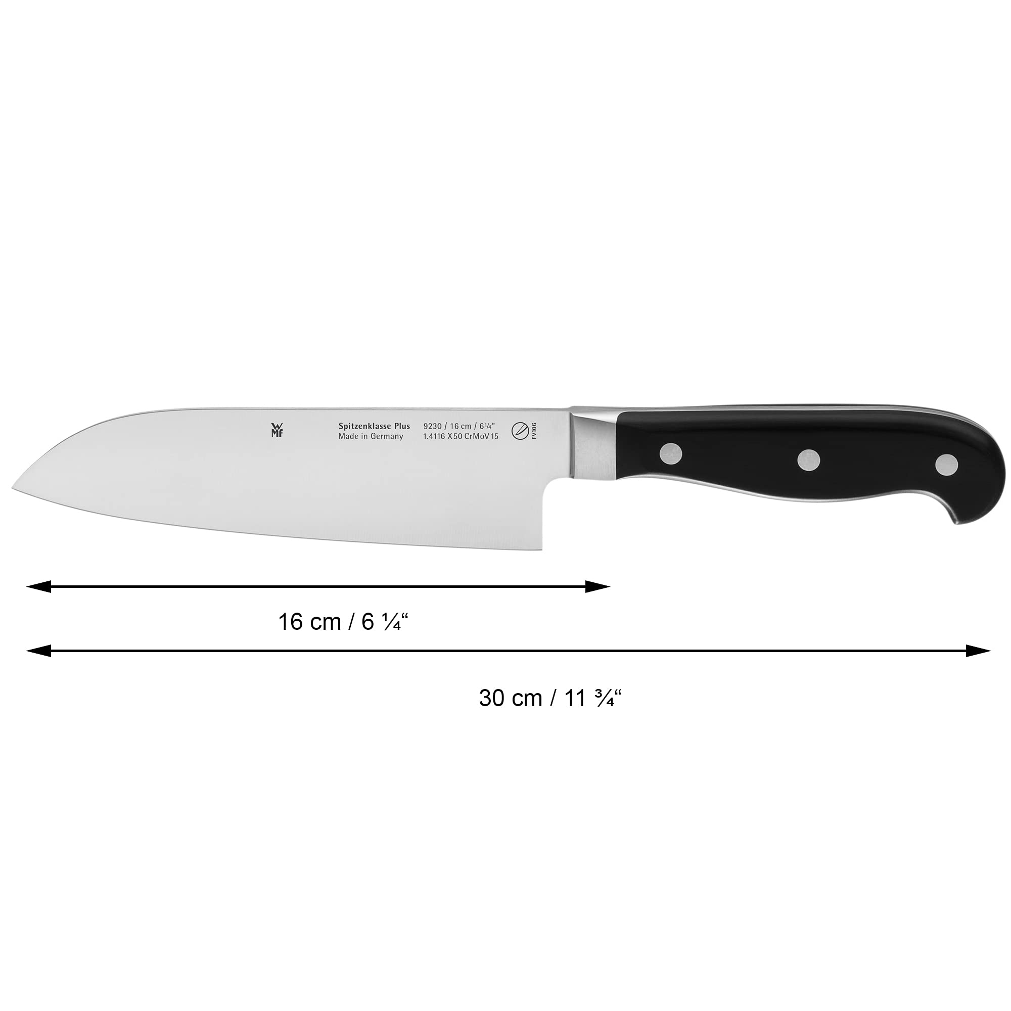 WMF Spitzenklasse Plus nóż Santoku, 30 cm, nóż kuchenny, wyprodukowano w Niemczech, nóż kuty, Performance Cut, specjalna stal ostrza, ostrza 16 cm