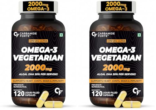 Image of Carbamide Forte Veg Omega 3 2000mg | Plant- Based Omega 3 Supplement with 20% Algal DHA | Supports Heart, Brain & Eye Health - 120 Capsules (Pack of 2)