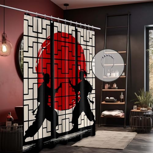 Image of Japanese Shower Curtain Japan Anime Asian Black and Red Shower Curtains for Manly Bathroom Decor Sets, Waterproof Cloth Fabric with Hooks, 72x84 Inch