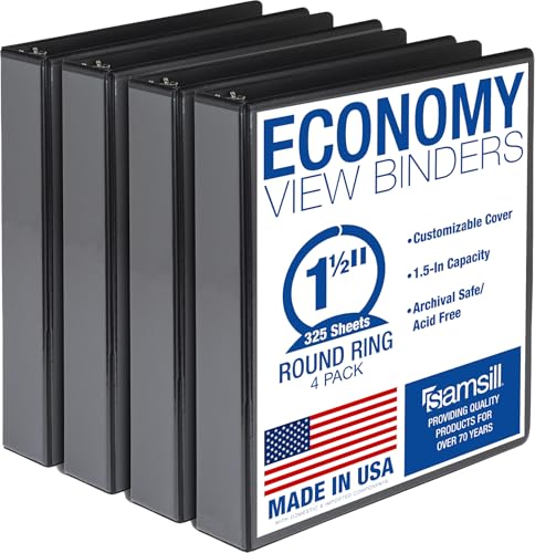 Samsill 1.5 Inch 3 Ring Binders Made in USA Economy Round Ring Clear View Cover 325 Sheet Capacity - for School Home Office - Black 4 Pack