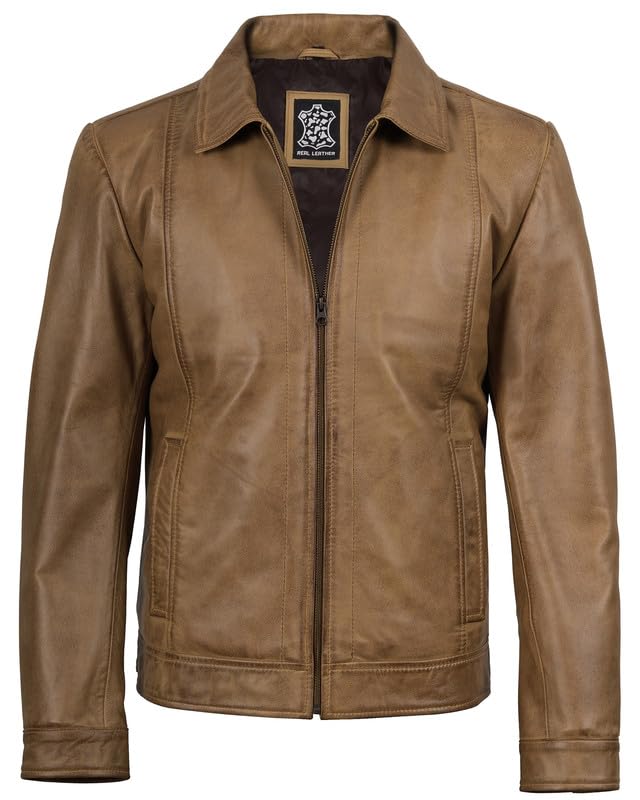 Image of Blingsoul Vintage Distressed Leather Jacket for Men - Shirt Collar Genuine Lambskin Mens Leather Jacket