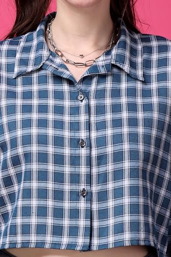Image of POPWINGS Casual Pure Cotton Checks Crop Shirt for Women | Stylish Western Crop Shirt for Women | Full Sleeves Crop Shirt for Women