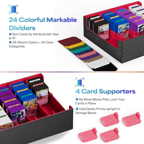 Image of UAONO Trading Card Storage Box, Holds 2400 Sleeved Cards with 24 Dividers & 4 Stoppers, Magnetic Closure PU Leather Card Case for MTG, PTCG, YGO, Sports Cards (Black&Red)