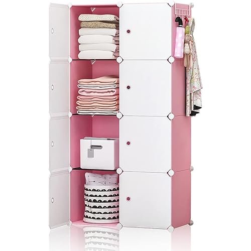 YOZO Cube Storage Organzier Portable Closet Wardrobe Bedroom Dresser (28x14x56 inches) Portable Closet Cube Shelf Armoire Pantry Cabinet, 8 Cubes, Pink