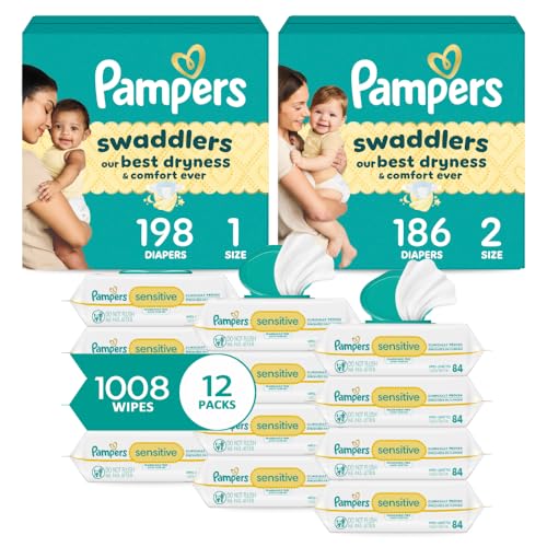 Image of Pampers Baby Diapers and Wipes Starter Kit, Swaddlers Disposable Sizes 1 (198 Count) & 2 (186 Count) with Sensitive Water Based 12X Multi Pack Pop-Top Refill (1008 Count)