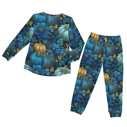 Blue Pumpkins Flowers Soft Pajama Set for All Seasons,Breathable Pjs Long Sleeve Sleepwear,Comfy Loungewear 2 Piece Underwear Set 5T2