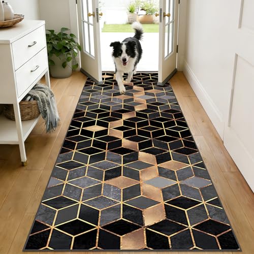 HAOYUES Alfombra de Pasillo Larga 60 x 500 cm Alfombra Cocina Antideslizante Lavable Negra Suave Alfombras de área Tapete Corredor Largo para Salón, Entrada, Pasillo, Lavandería