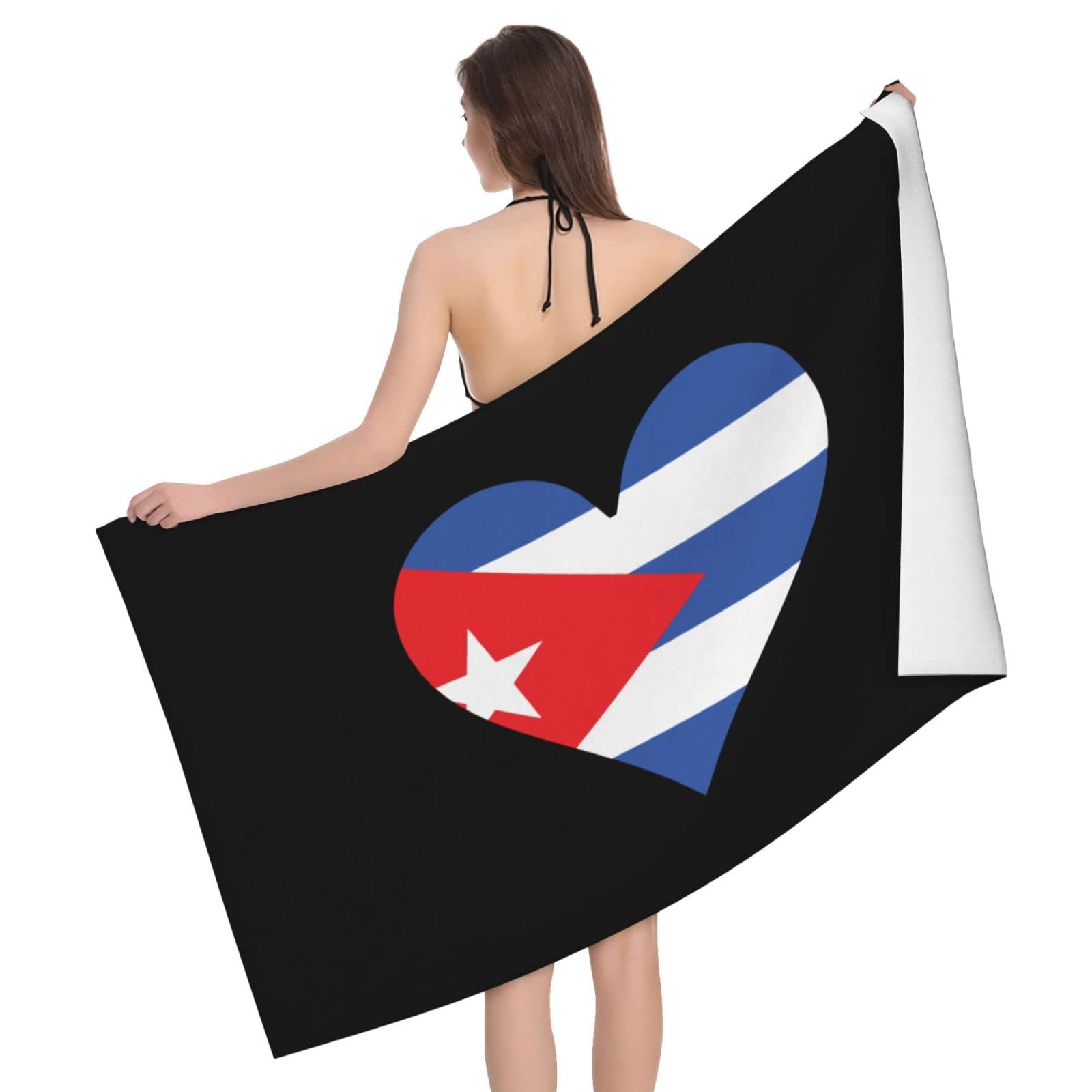 Lsjuee Flag of Cuba Heart Microfiber Bath Towel Absorb Water Quick Dry Bath Towel, for Beach, Swimming Pool, Camping