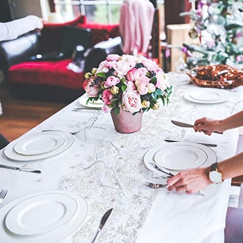 Fowecelt Table Runner Silver Glitter - Table Cloth Table Cover Party Table Cloth Shiny Netting Decoration Foil for Wedding Christmas Birthday Party Decor (Silver, 14 × 72 INCH)