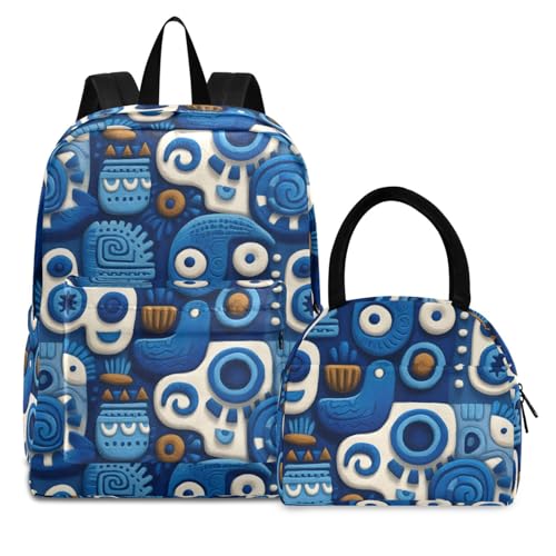 Abstract Pattern Print Backpack Set with Lunch Bag, Large Capacity Travel Backpacks and Lunch Box Insulated for Commute Hiking Picnic