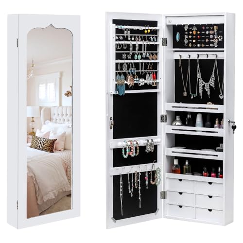 Wooden Wall Mounted Jewelry Cabinet with Mirror