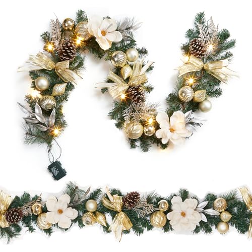 6 Ft Prelit Pine Christmas Garland with Gold Accents & Pinecones, 20 LED Lights