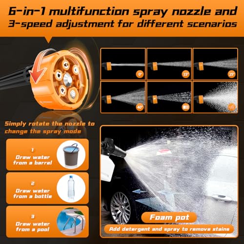 Image of Cordless Pressure Washer, 970PSI Portable Power Washer with Rechargeable 4.0Ah Battery 6-in-1 Nozzle, 3 Speed Adjustment LCD Touch Screen, Handheld Car Washer for Home /Floor, Orange