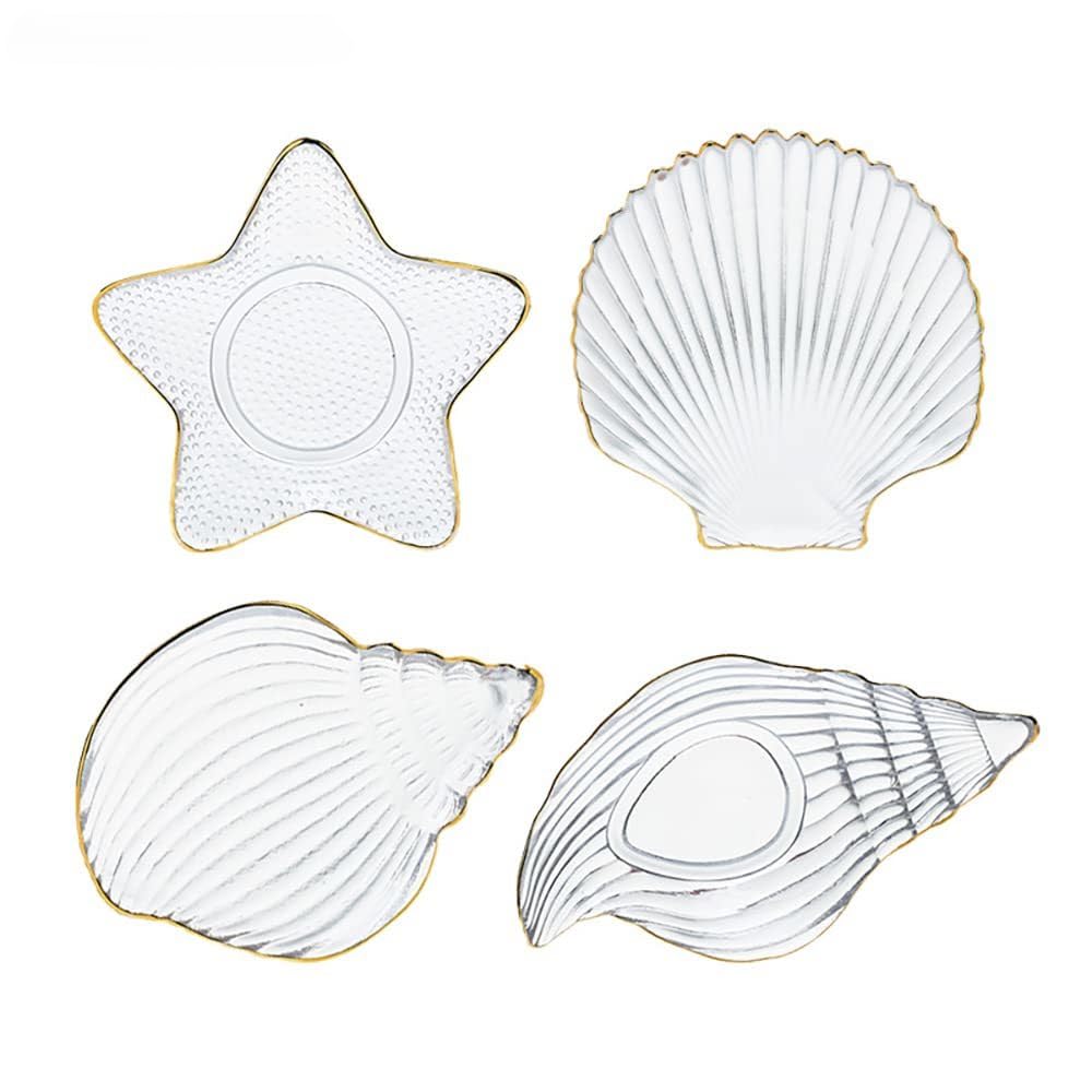 Romantic LOVE Conch, Shell Shaped Salad Plates Glass Dinner Plates Pasta Dessert Plates Serving Trays for Appetizer Sushi Fruit (Set of 4 pieces)