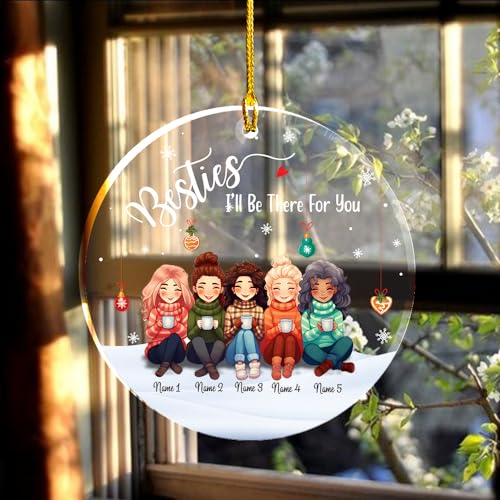 Besties I’ll Be There for You Clear Plastic Ornaments, Christmas Decorations Personalized Name Five Girls Wear Sweater with Hot Chocolate Cup Acrylic Ornaments, Gifts for Sister Friends Siblings4