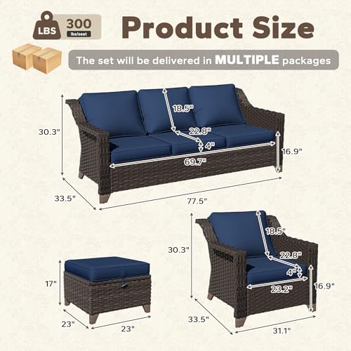 Image of 6 Piece Patio Furniture Set, Wicker Outdoor Conversation Set | Patio Chair Set with Olefin Removable Cushion, All-Weather Outdoor Couch with Deep Seat for Porch, Deck and Backyard, Blue