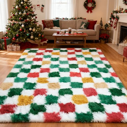 Tapis Noël 4x6 chambre salon, shag carreauté pelucheux
