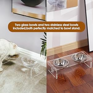Dog and Cat Bowls Elevated Set - Acrylic Feeder Stand with 2 Set Removable Stainless Steel and Glass Bowls Food and Water Raised Dishes for Small Pet,3.75 inches Dog and Cat Bowls Elevated Set – Acrylic Feeder Stand with 2 Set Removable Stainless Steel and Glass Bowls Food and Water Raised Dishes for Small Pet,3.75 inches