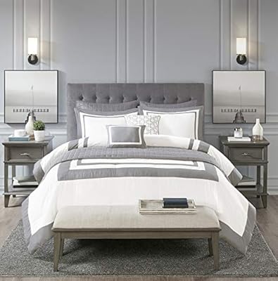 Madison Park Heritage Comforter Coverlet Combo, Color Block Design Modern Luxe All Season Down Alternative Bed Set with Matching Shams, Decorative Pillows, King/Cal King(104"x92"), Grey 8 Piece