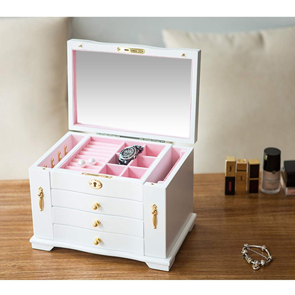 Joyero Grande de Madera con Cerradura, Elegante Organizador para Anillos, Pendientes, Pulseras, Regalo Ideal para Amigos y Familiares, Madera de Pino, 27,8 * 18,8 * 19,7 CM (Blanca)