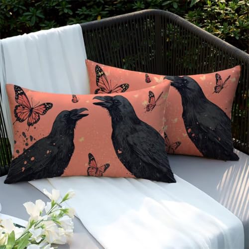 Housse coussin en lin imperméable motif papillon double face rose 40x60cm