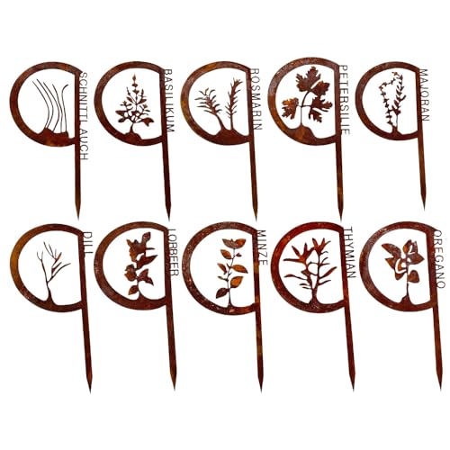 WRQIOO 10er Set Kräutergarten Schild Kräuterschilder Wetterfest Pflanzenstecker Kräuterstecker Schilder für Kräutergarten Kräuter Schilder Rost Deko Garten für Terrasse Oder Balkon