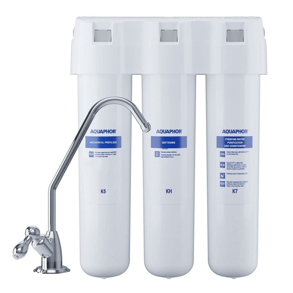 AQUAPHOR Crystal HA TRIO Filtro de agua potable con grifo de 1 vía, ablandador de agua con barrera de gérmenes, microfiltración hasta 0,8 micrones