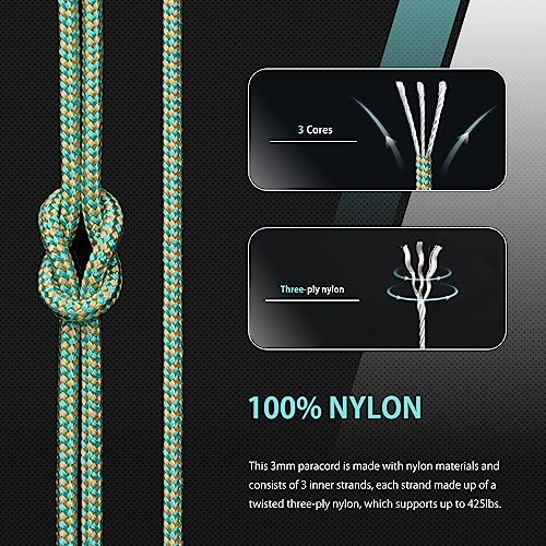 Abma Cord Paracord 425 lbs 3mm 100% Nylon 30M - Turquoise & Gold, Shockwave-turquoise & Gold, 30 Meters - Image 3