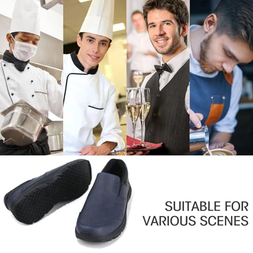 Image of Jacata Non Slip Black Work Shoes for Men Food Service Mens Water Slip Resistant Leather Slip on Chef Walking Shoes for Restaurant Kitchen Sneakers