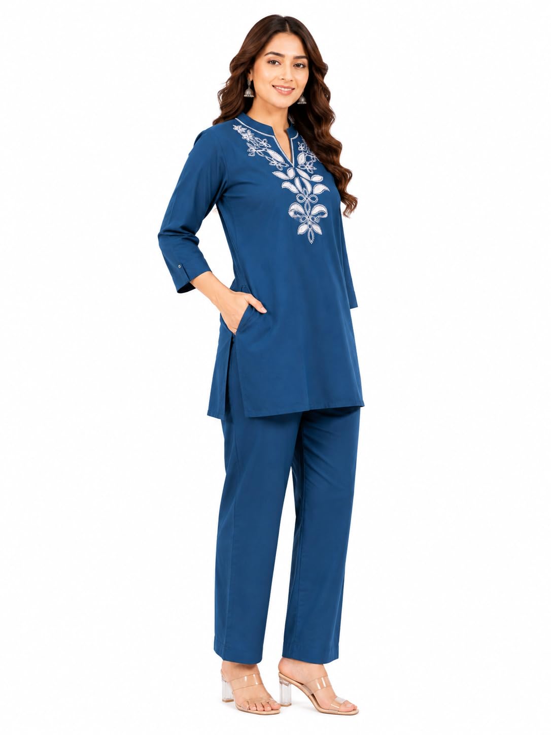 Women’s Cotton Floral Embroidered Tunic & Pants Set – 3/4 Sleeve Split V-Neck Kurti & Straight Trousers 2-Piece Ethnic Fusion Outfit-picture-36