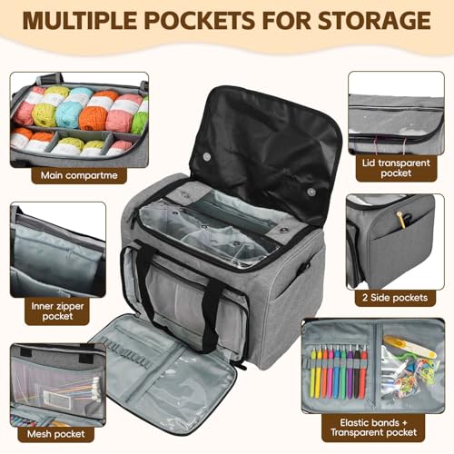 Image of Knitting Bag, Large Capacity Yarn Storage Organizer Tote Bag with Compartments and Pockets for Knitting Needles, Crochet Hooks, Knitting Project and Accessories, Bag Only, Grey