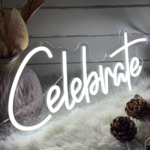 Image of Neon Sign The Celebrate for Wall Decor Custom Light Up Sign Indoor Bedroom Home Decor LED Neon Light Sign Large Backdrop Flex Birthday Wedding Christmas Living Room Business Gift,White 40x18.7 CM