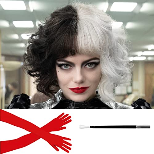 Peluca Corta Blanca y Negra con Guantes Rojos y Soporte, ATAYOU Peluca Corta para Mujer Mitad Negra Mitad Blanca Para Disfraces de Halloween Cover