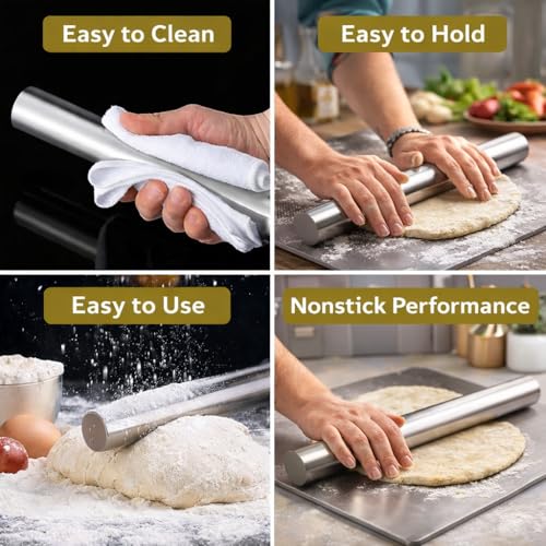 Image of Stainless Steel Chopping Board with Lip | Heavy Duty Cutting Board for Vegetables, Meat, Fish & Fruits | Non-Slip, Rust-Proof, Hygienic | Durable, Easy to Clean | Includes Rolling Pin