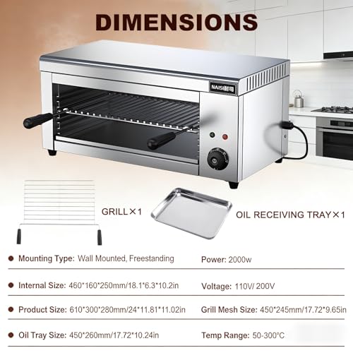 Asador salamandra Comercial de 2000 W, Parrilla eléctrica termostática con Altura Ajustable y construcción de Acero Inoxidable para derretir Queso, Pizza y Asar en la Cocina.