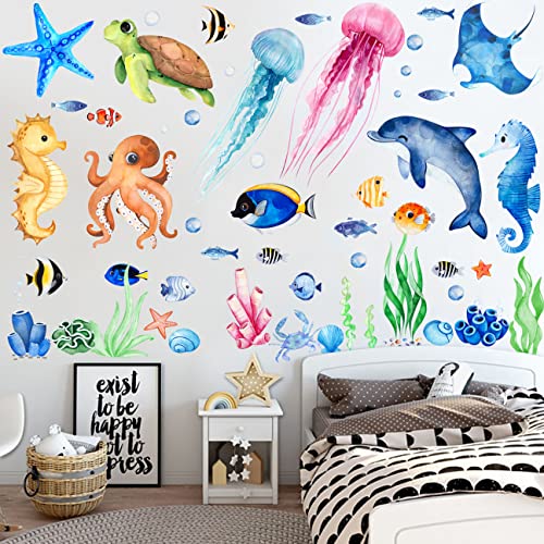 4 Sheets Ocean Fish Wall Decals Stickers Under The Sea Wall Decal Stickers Removable Sea Life Marine Animal Sticker Underwater Ocean Creatures Wall Decor for Kids Girls Boy Nursery Bedroom Bathroom… - Image 3