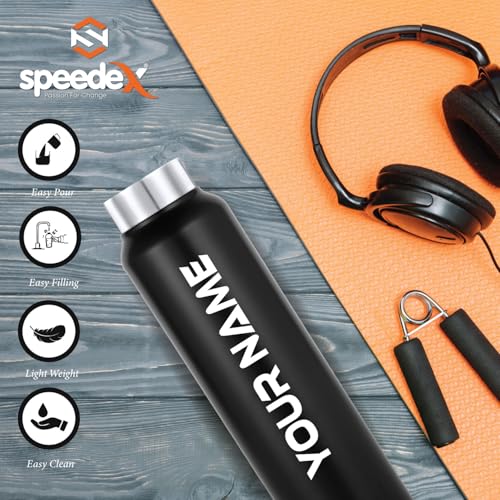 Image of Speedex Customised Stainless Steel Water Bottle 1 Ltr with Name - Personalised Engraved Screw Cap Bottle for Kids, Men & Women, School, Gym, Office Black, Set of 1
