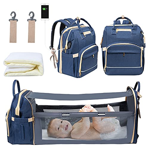 Image of WiseWater Diaper Bag Backpack with Foldable Baby Bed , Portable Travel Bassinets for Babies , Waterproof Mommy Bag with Changing Station USB Charging Port , Baby Travel Crib Bag for Girls Boys
