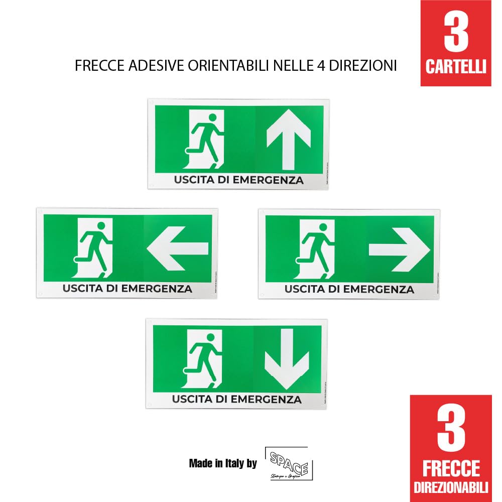 SPACE - 3 Cartelli uscita di emergenza 30 x 15cm in PVC con Frecce Direzionabili per negozio e azienda uscita di sicurezza