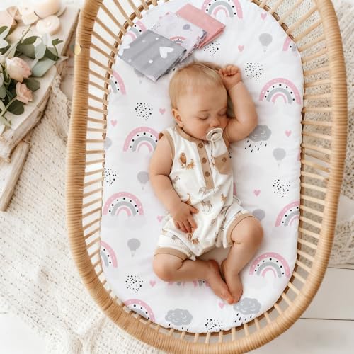 3 Pack Stretchy Bassinet Sheets - Universal Fit for Rectangle, Round, Oval, Hourglass Cradles & Moses Baskets - Soft Breathable Fitted Bassinet Sheets Set for Baby - Pink & Grey Heart