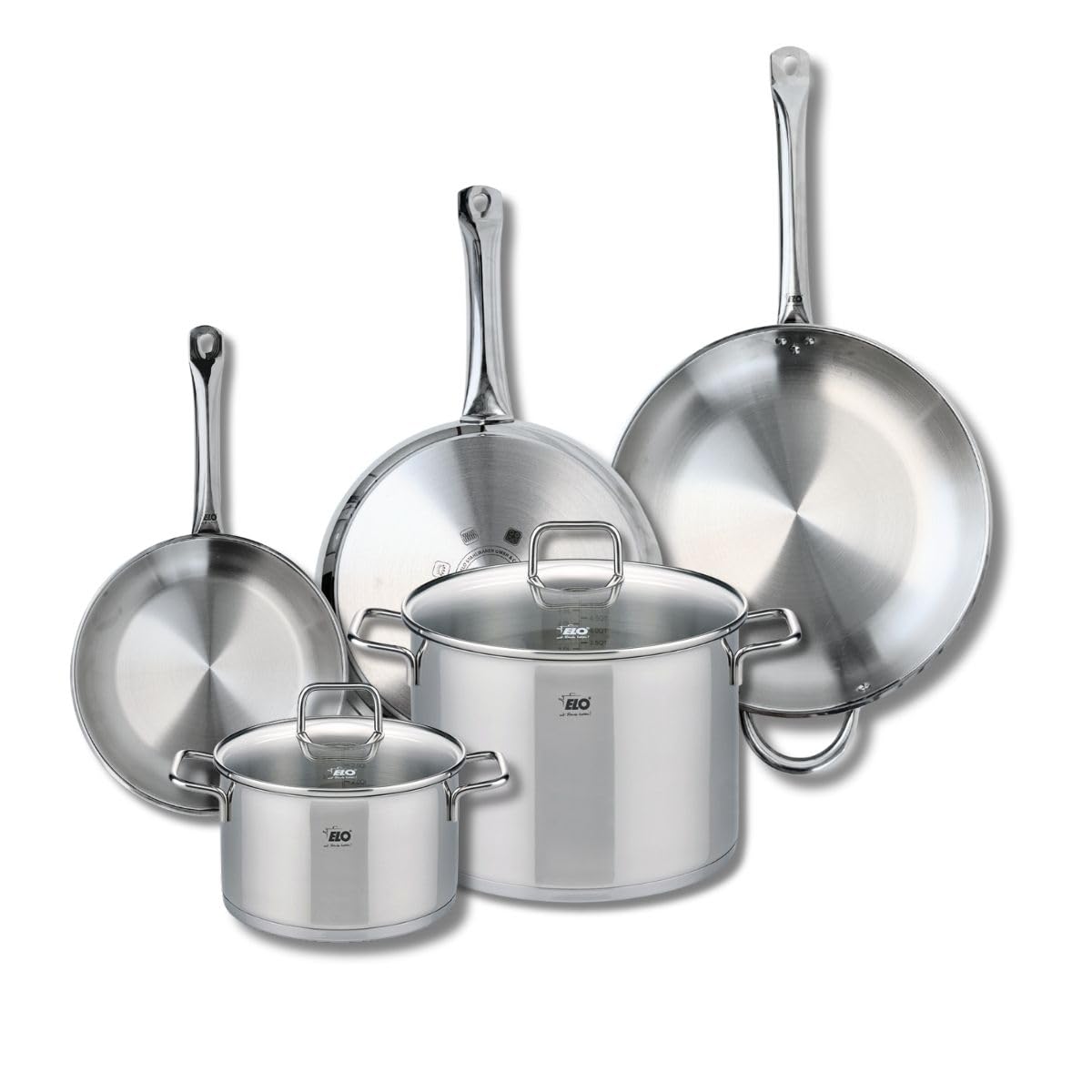 ELO 9512250 5-Piece Cookware Set of 3 Frying Pans 24, 28 and 32 cm and 2 Saucepans 20 and 26 cm Elo Profi Citrin, Stainless Steel, Induction | Lot complet pour équiper la cuisine, 3 poêles et 2 faitouts, Inox robuste, Cuissons variées, 24 à 32 cm, Compati