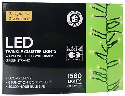 Designers Excellence LED Twinkle Cluster Lights 52.5Ft Warm White w/Green Strand Connect End to End