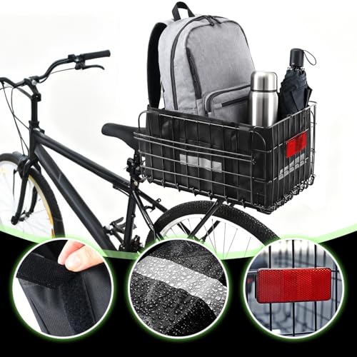 Faltbarer Fahrradkorb, Hinterer Metallkorb mit Nylon-Innentasche und Wasserdichter Abdeckung, Schnellverschluss-Design mit Elastischem Gepäcknetz, Passt für Die Meisten Hinteren Fahrradgepäckträger