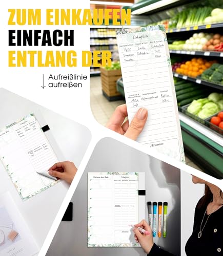 Nearockle 2026 Verbessert Deutsch Essensplaner Magnetisch kühlschrank mit Einkaufsliste Block Essensplan mit Rezeptkarten und Stifthalter Wochenplaner Menüplaner DIN-B5 Block, 50 Blattes（Ohne Stift）