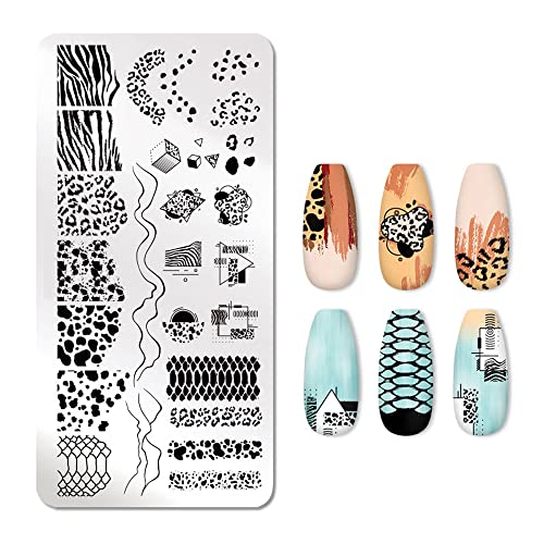 Snake Leopard Print Animal Nail Stamping Plates Geometric Lines Flowers Cow Design Image Printing Plates Stencil Stamp Tool Lace Wave French Line Stamping Plates For Cow Print Nails(J054) #TOP1