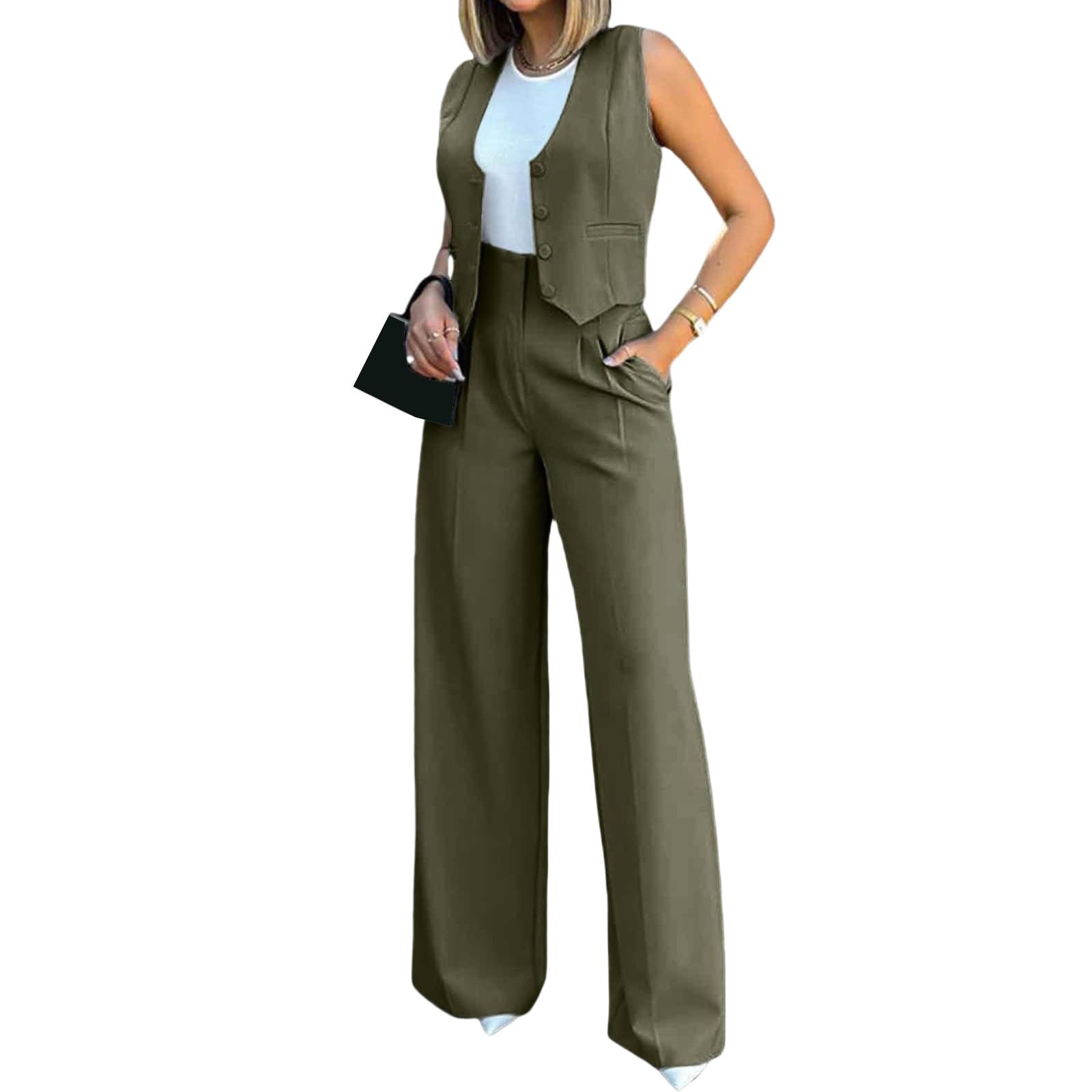 Womens 2 Piece Outfits Button V Neck Crop Vest Blazer and Wide Leg Pants Suit Business Casual Suit