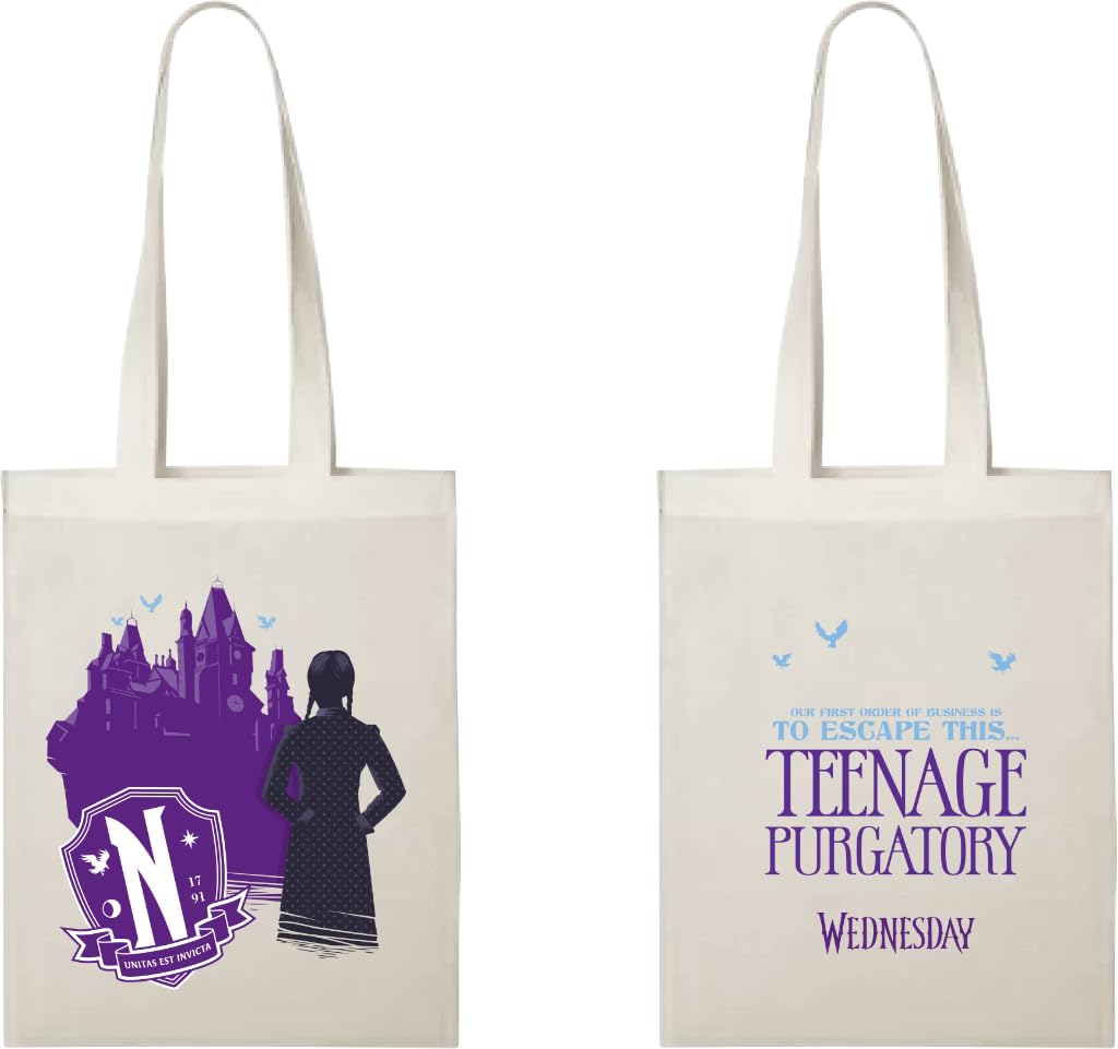 Konix Wednesday Tote Bag with Long Handles - 38 x 42 cm - 100% Polyester - Teenage Purgatory Design - White
