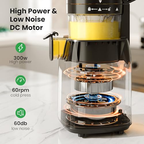 Kismile Cold Press Juicer, 5.4\" Wide Feed Chute Slow Masticating Juicer with High Juice Yield, Stainless Steel Juice Machine for Fruits and Vegetables, Includes 1.2L Pulp Bin & 1L Juice Cup - Thumbnail 5