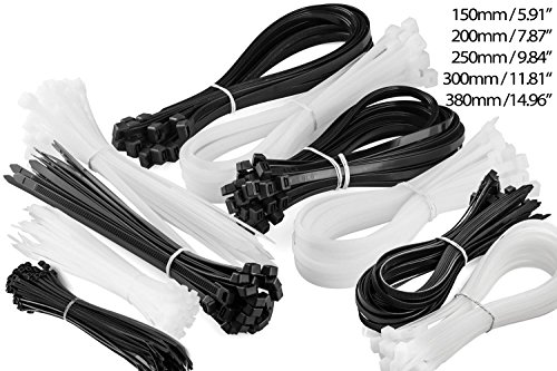 MutecPower Cable Zip Ties 15cm 20cm 25cm 30cm 38cm long 500 Pack Black & White Nylon Heavy Duty Holds up to 22kg
